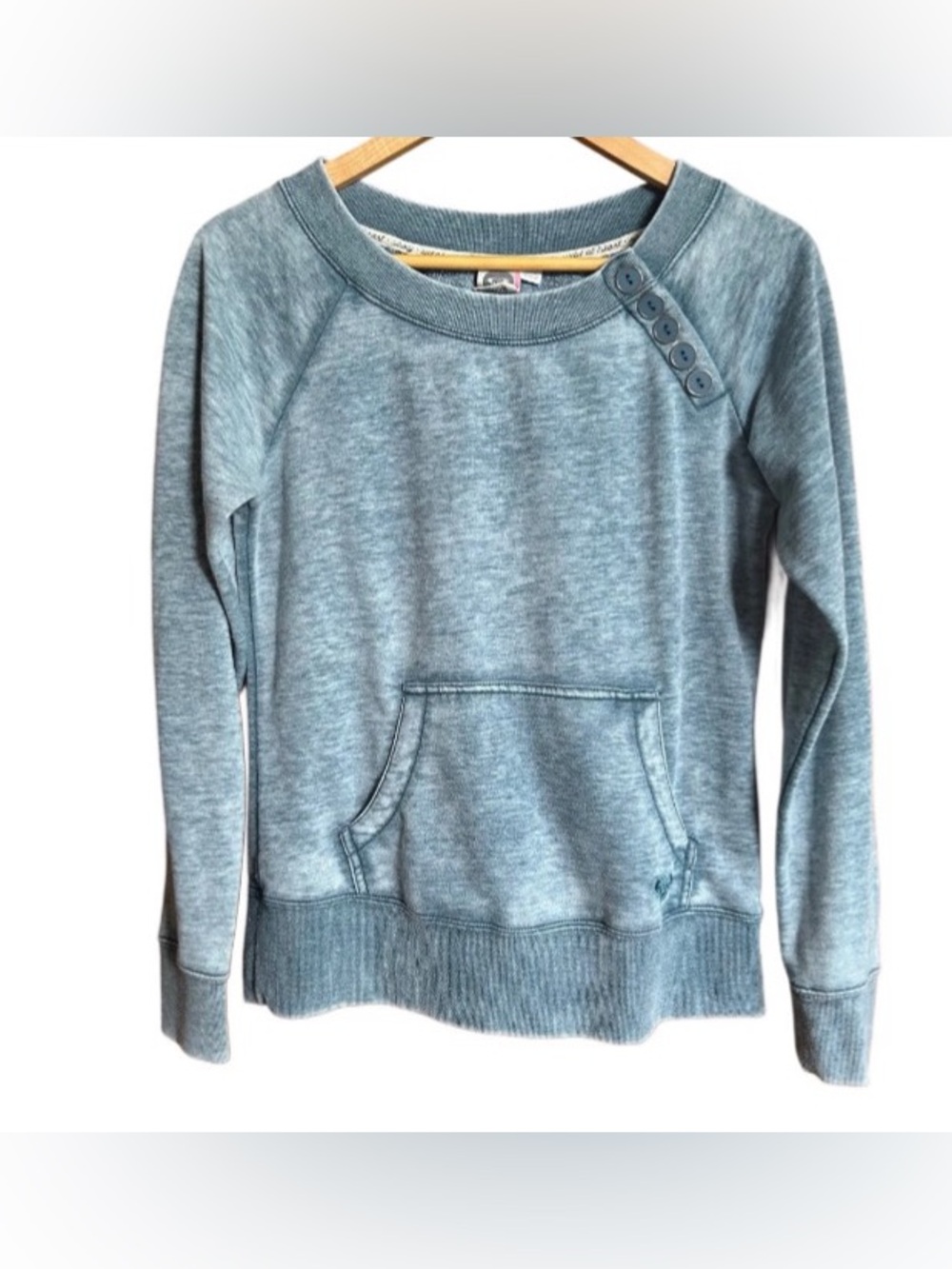 Roxy Pullover Casual Sweatshirt Pocket Button Accents Beach Blue Womens Medium